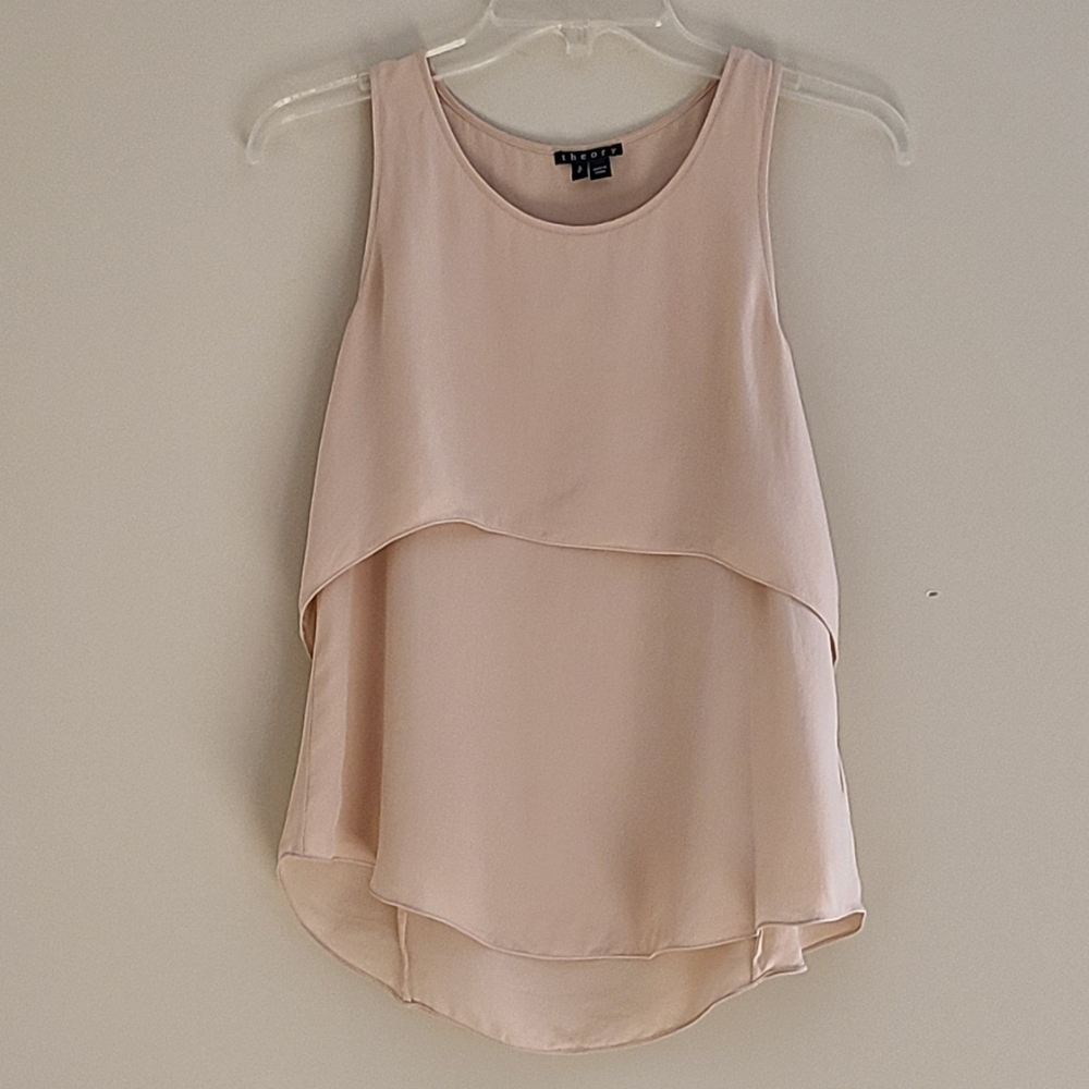 Theory Saleya Sondray Tan Silk Crepe Layered Swing Trapeze Tank Size SP